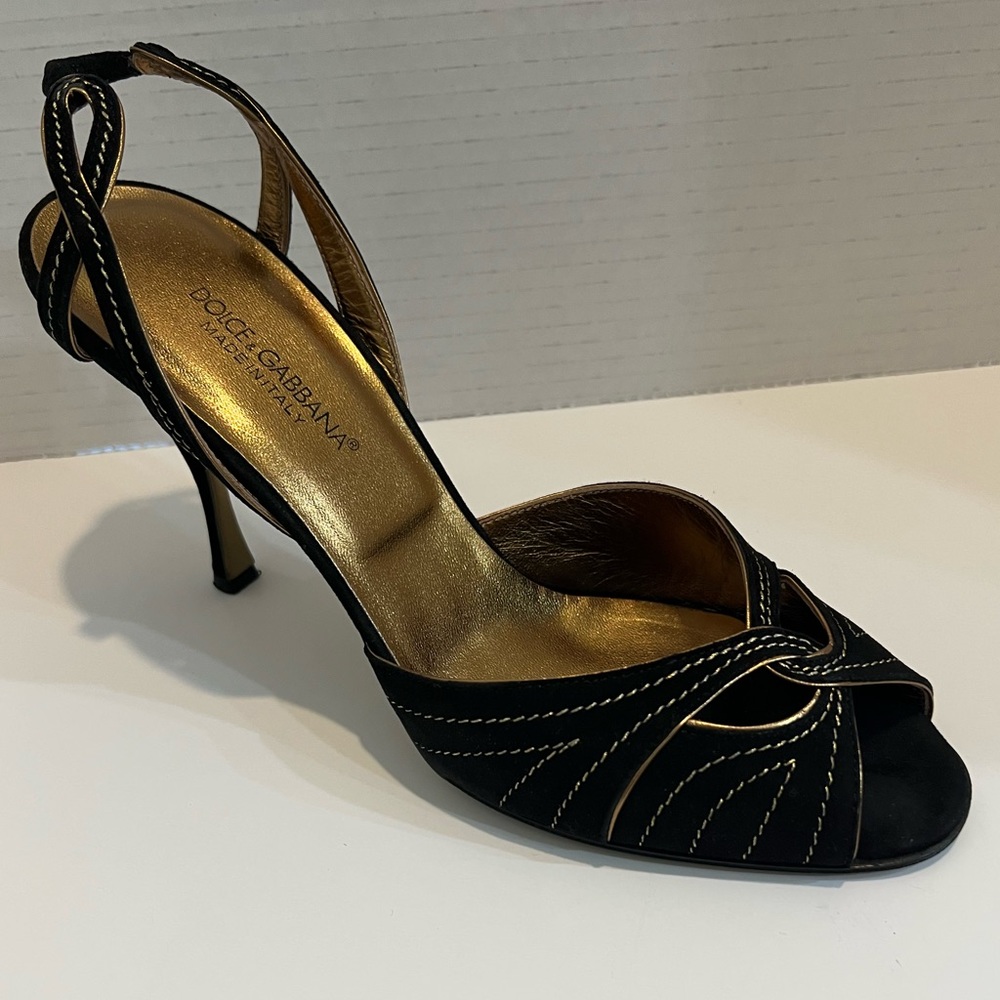 Dolce Gabbana Blk Suede w/ Gold Trim. Size 40